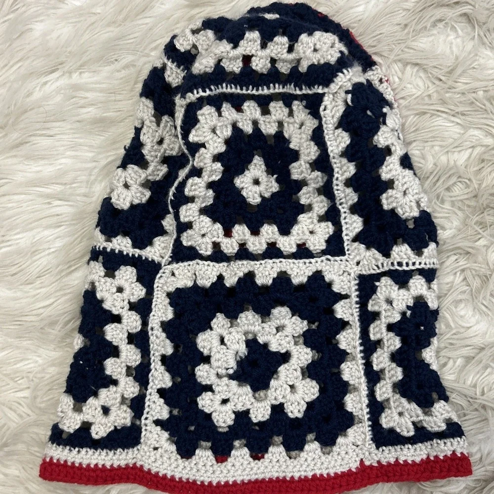 Crochet Balaclava Hood Handmade Granny Square Red White Blue USA Winter One Size